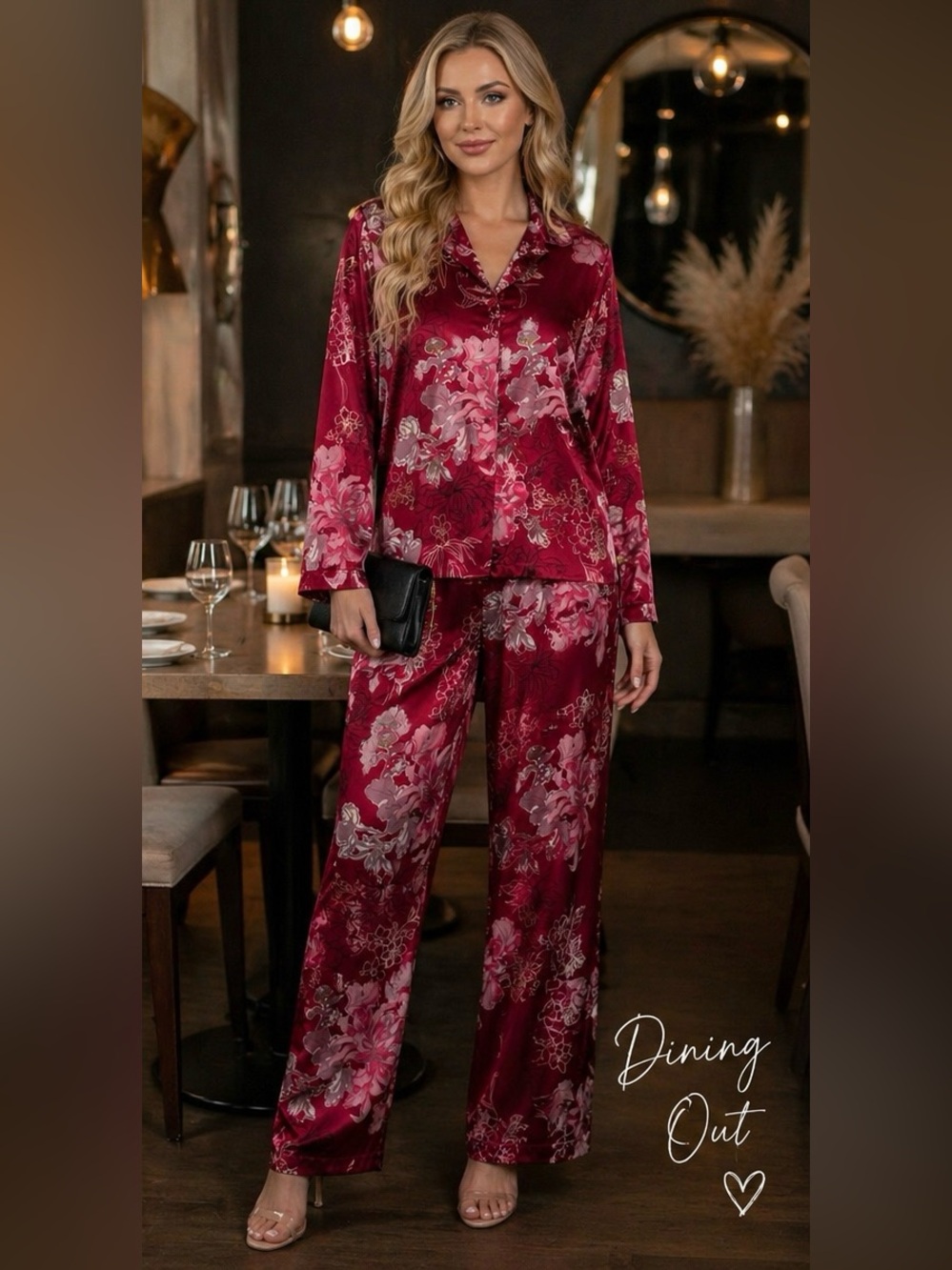 🌸 Elegant Satin Floral Lounge Set – Size Large 🌸